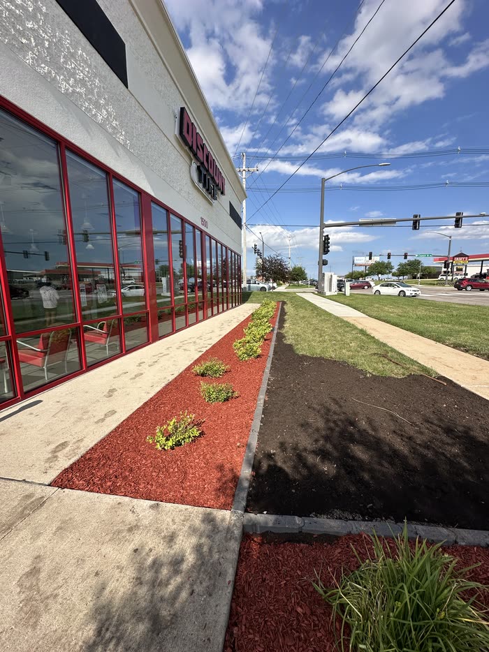 Red mulch bed and new plantings running the length of a storefront